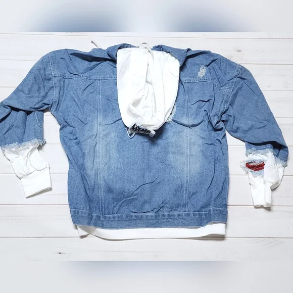 NWT Streetwear Hooded Distressed Denim Jacket with Patches - Size XXL - Picture 6 of 10